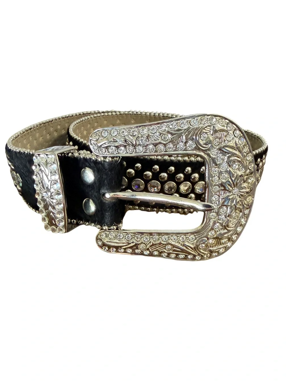 bb Simon Crystal Rhinestone Studded Leather Belt Black Silver Western Medium